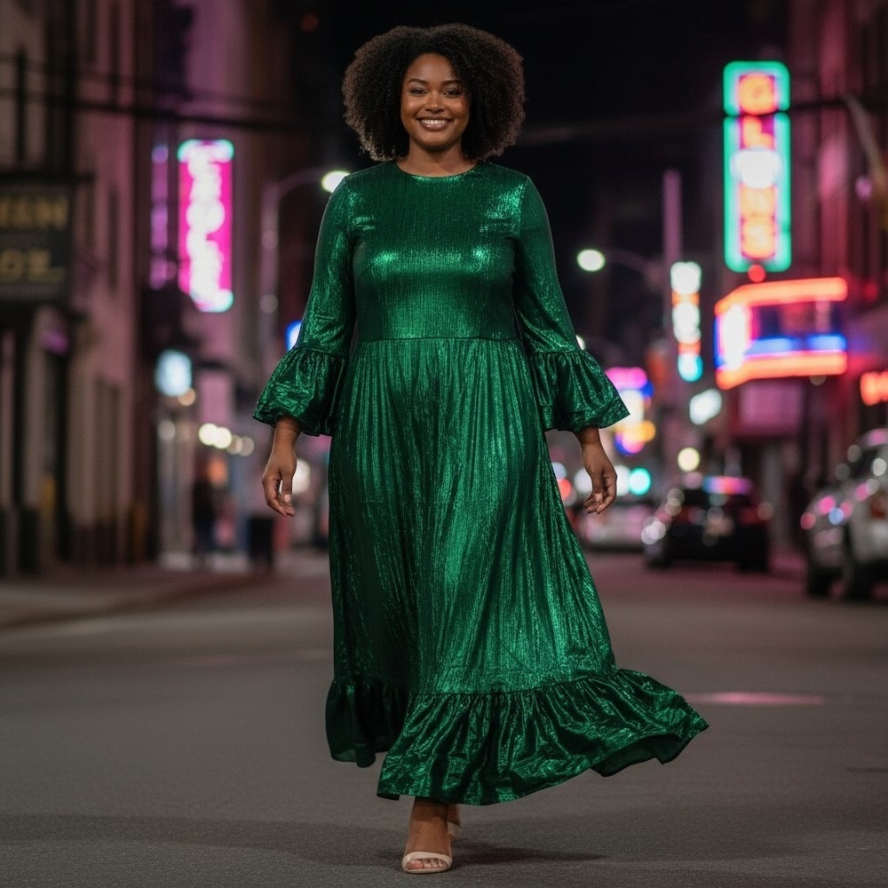 Pomander Place Lillith Emerald Dress Large Green Metallic Ruffle Sleeve Midi